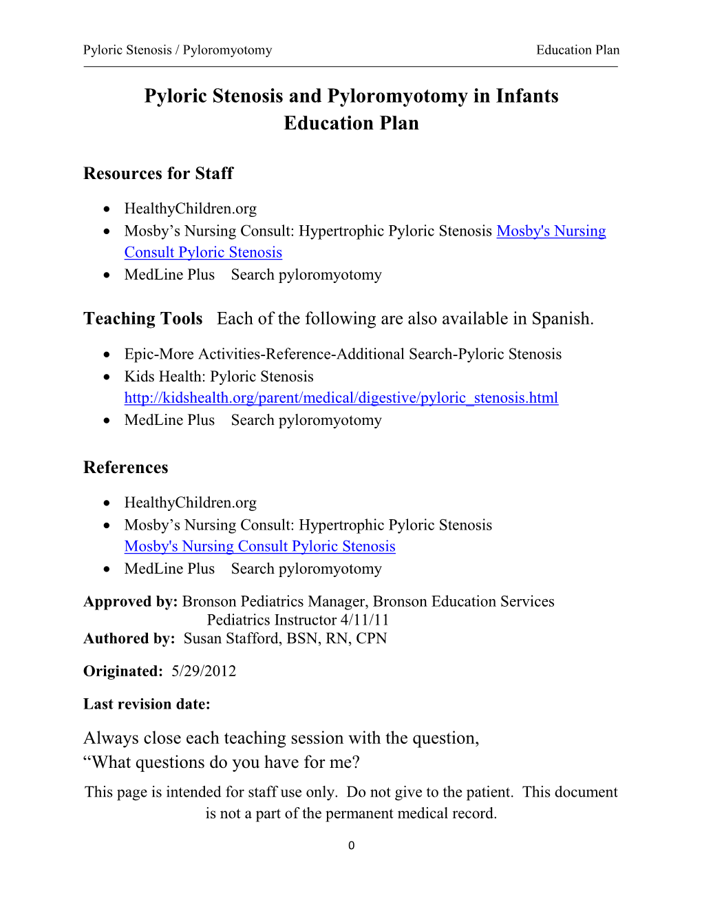 Pyloric Stenosis and Pyloromyotomy in Infants Education Plan