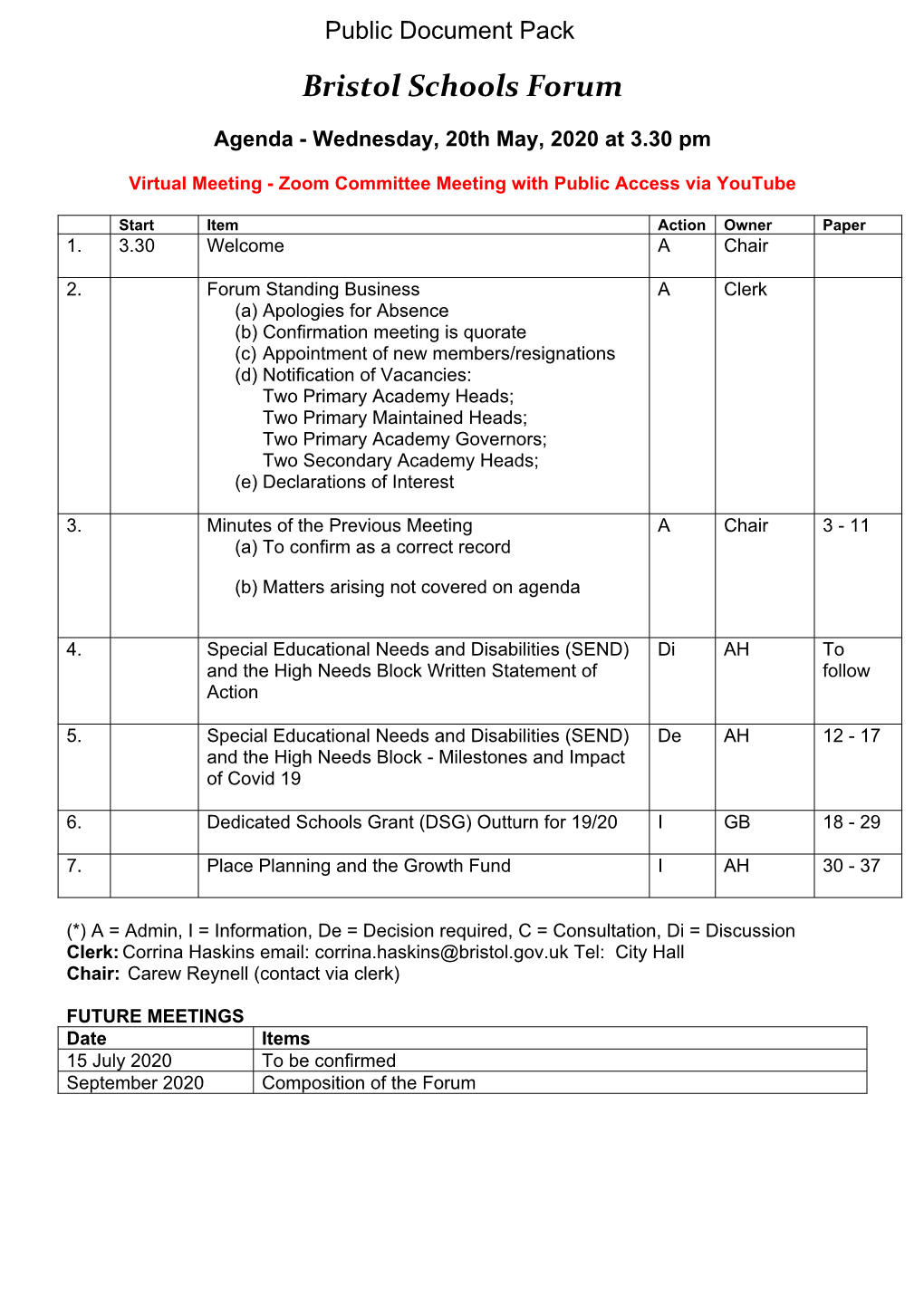 (Public Pack)Agenda Document for Bristol Schools Forum, 20/05/2020