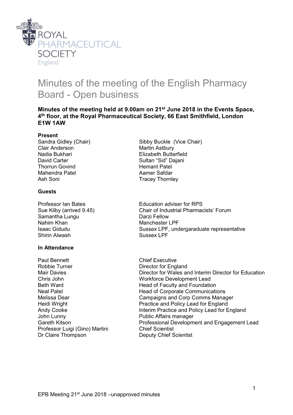 Minutes of the Meeting of the English Pharmacy Board - Open Business