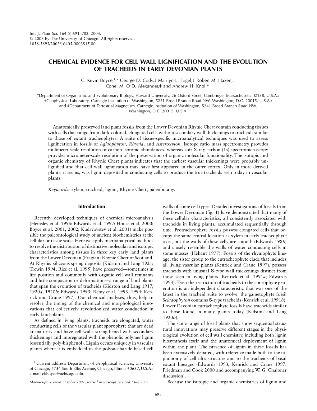 Chemical Evidence for Cell Wall Lignification and the Evolution of Tracheids in Early Devonian Plants