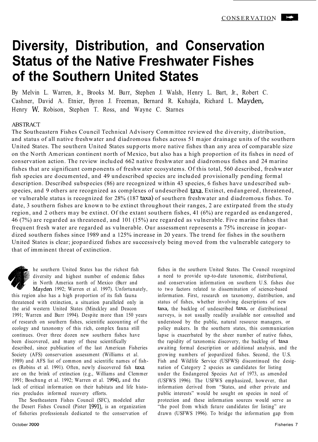 Diversity, Distribution, and Conservation Status of the Native Freshwater Fishes of the Southern United States by Melvin L