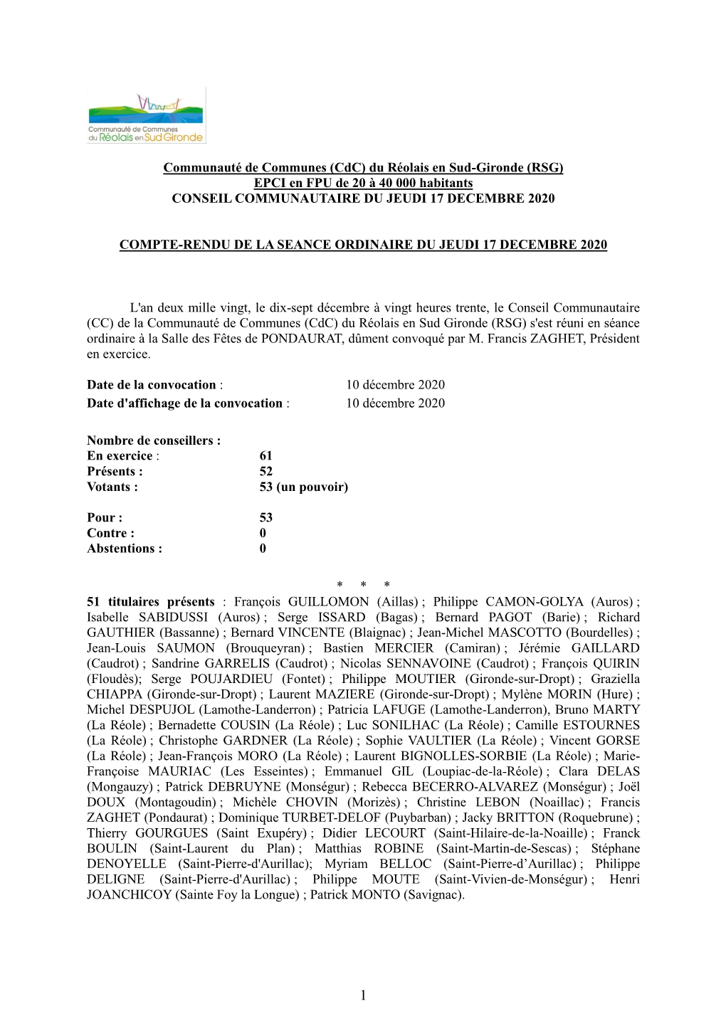 Communauté De Communes (Cdc) Du Réolais En Sud-Gironde (RSG) EPCI En FPU De 20 À 40 000 Habitants CONSEIL COMMUNAUTAIRE DU JEUDI 17 DECEMBRE 2020