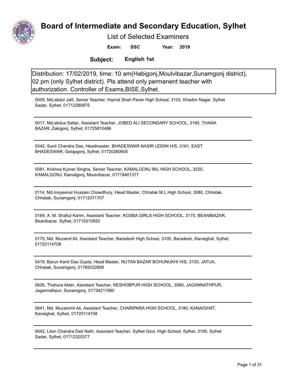 Board of Intermediate and Secondary Education, Sylhet List of Selected Examiners Exam: SSC Year: 2019