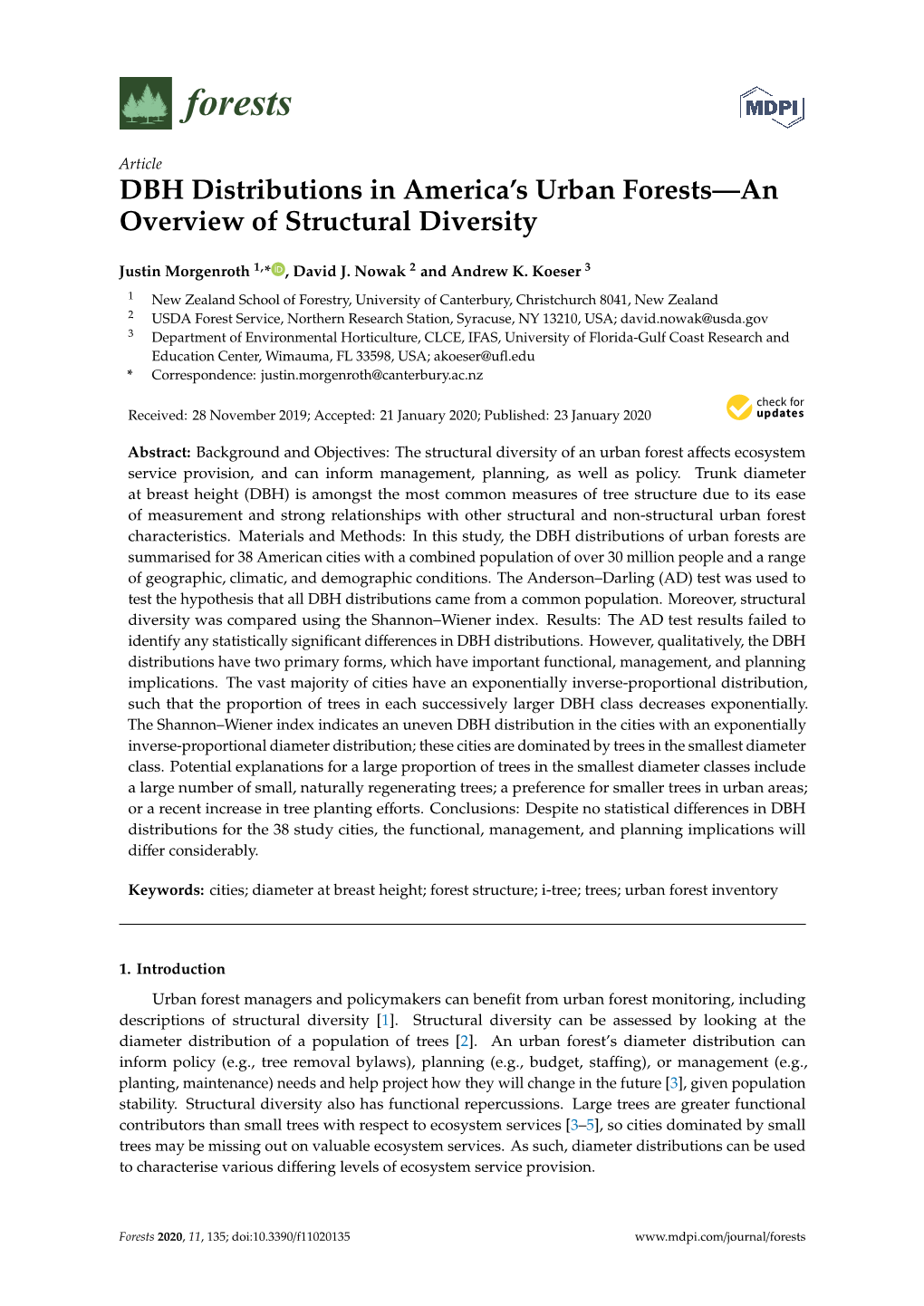 DBH Distributions in America's Urban Forests—An Overview of Structural