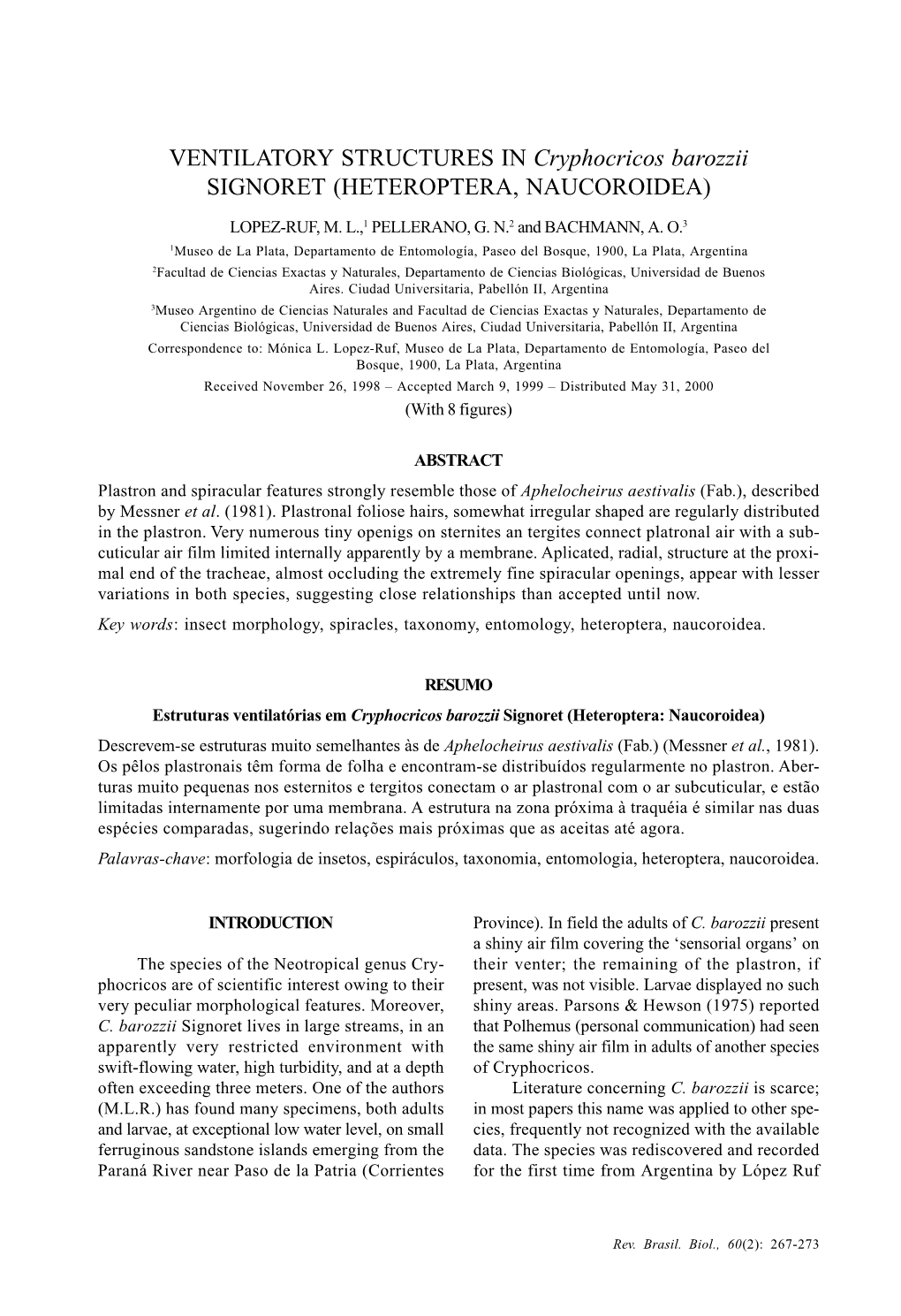 VENTILATORY STRUCTURES in Cryphocricos Barozzii SIGNORET (HETEROPTERA, NAUCOROIDEA)