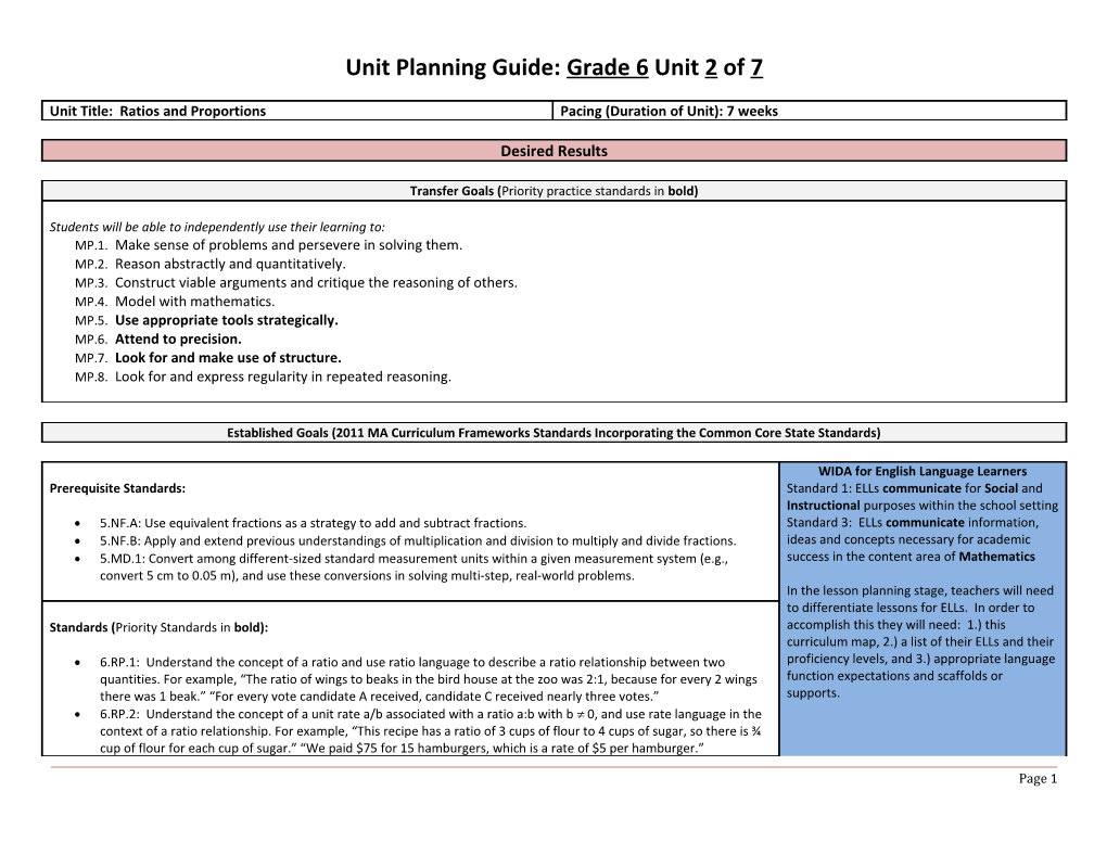 Unit Planning Guide: Grade ___ Unit ___ of ___