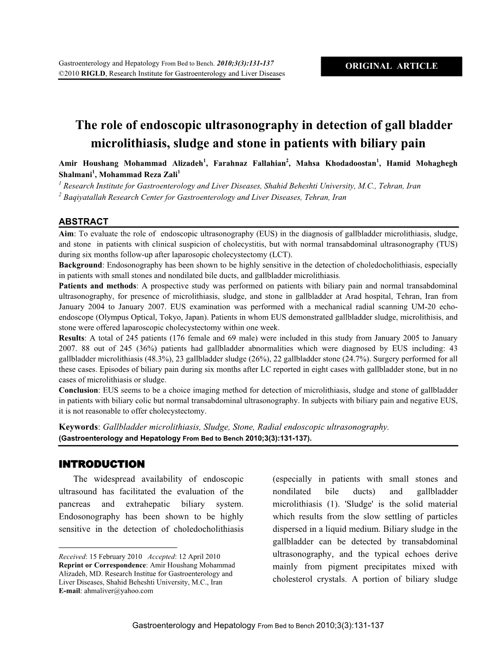 The Role of Endoscopic Ultrasonography in Detection of Gall Bladder Microlithiasis, Sludge and Stone in Patients with Biliary Pain