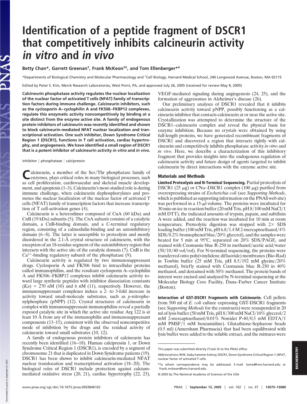 Identification of a Peptide Fragment of DSCR1 That Competitively Inhibits Calcineurin Activity in Vitro and in Vivo