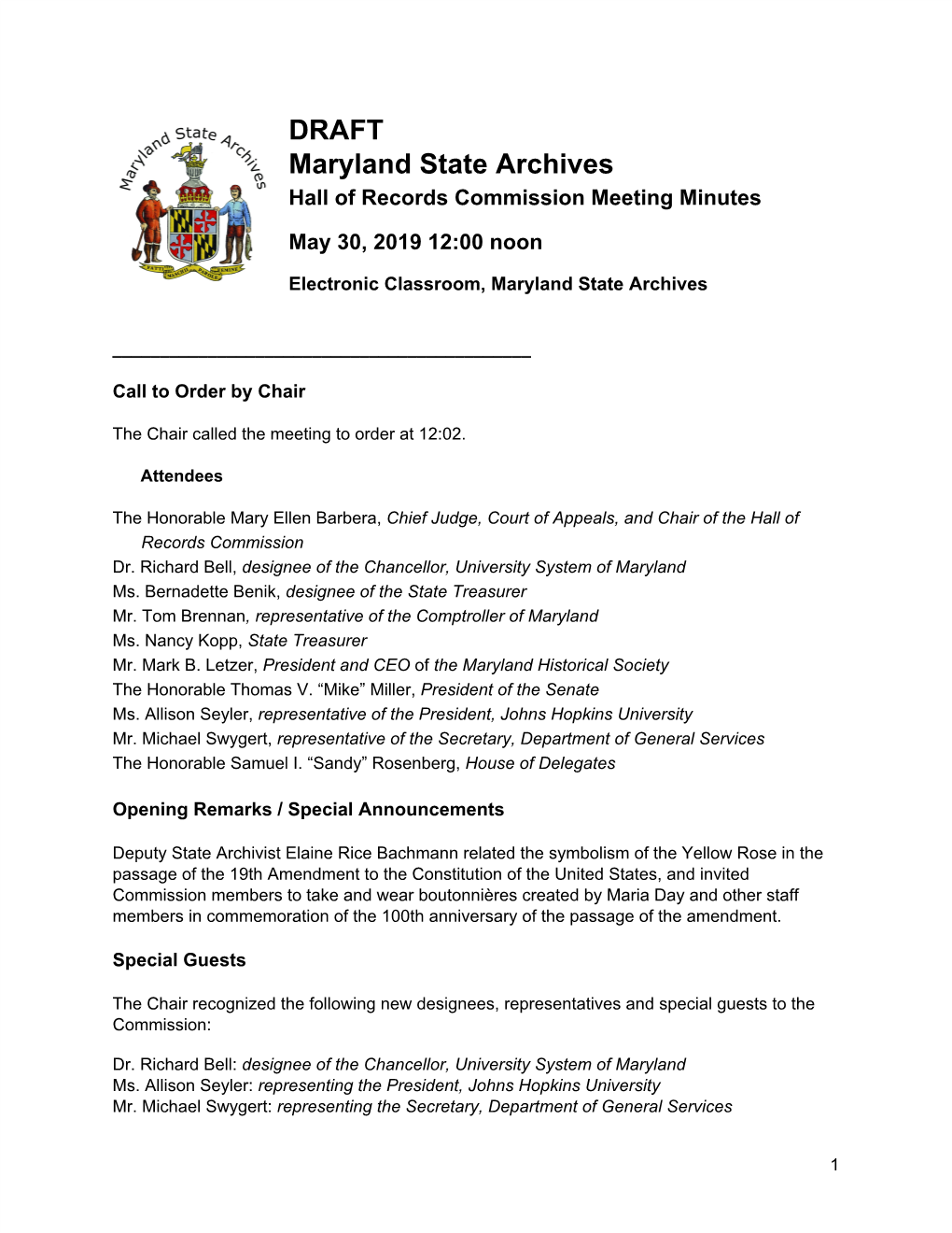 DRAFT Maryland State Archives Hall of Records Commission Meeting Minutes