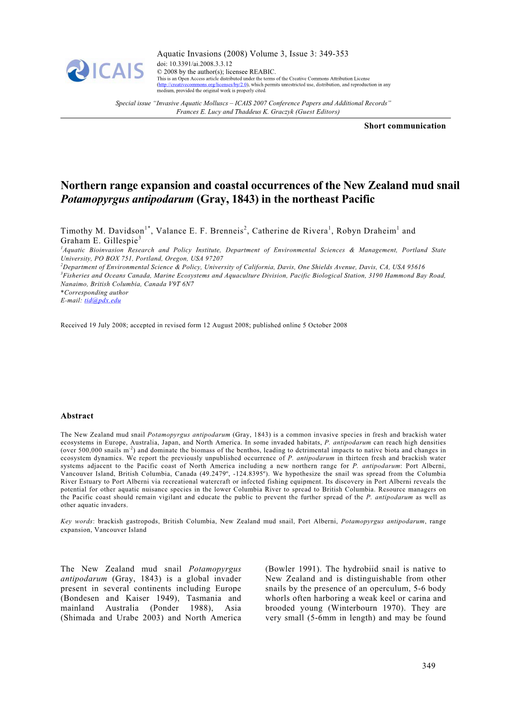 Northern Range Expansion and Coastal Occurrences of the New Zealand Mud Snail Potamopyrgus Antipodarum (Gray, 1843) in the Northeast Pacific