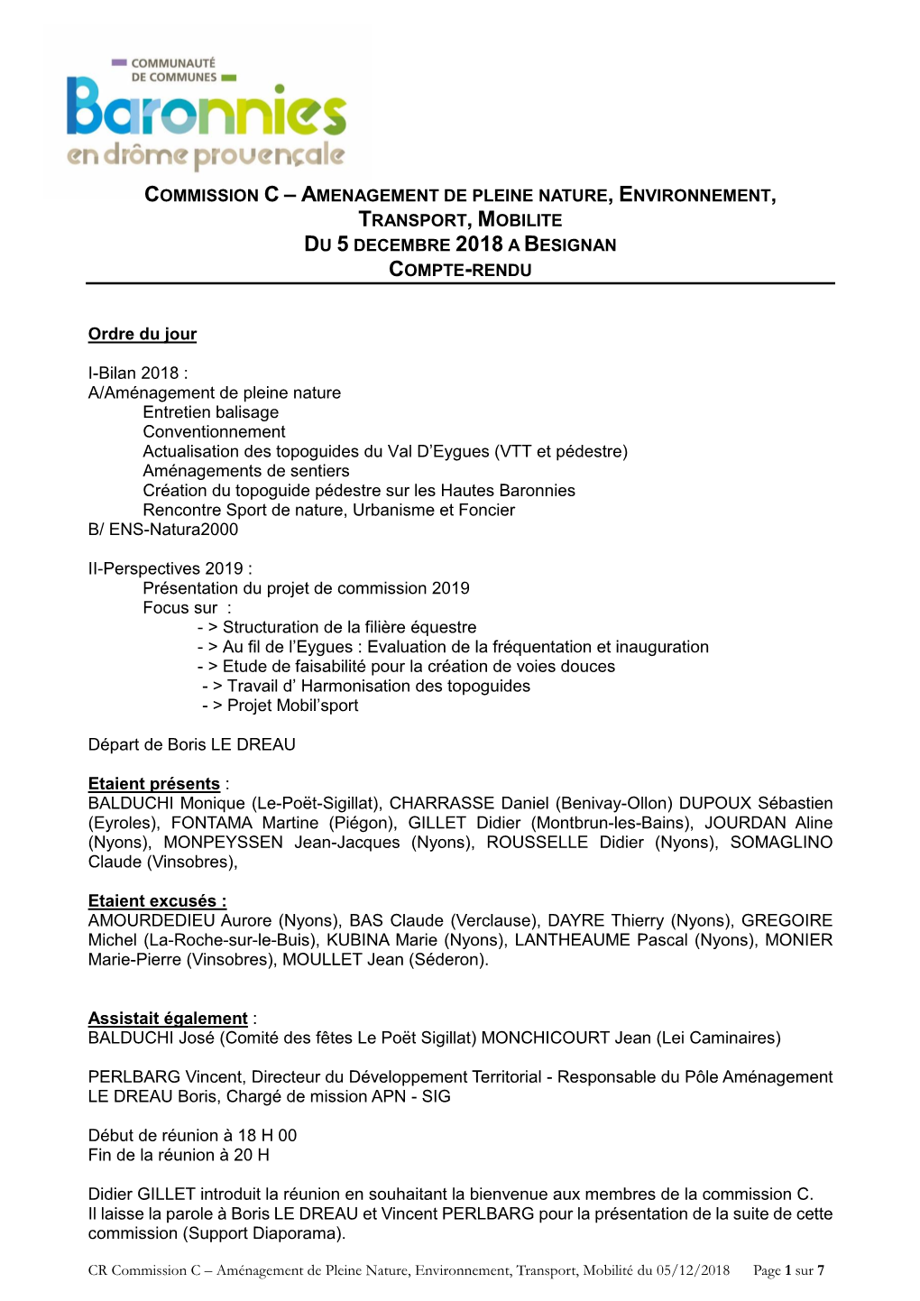 Commission C – Amenagement De Pleine Nature, Environnement, Transport, Mobilite Du 5 Decembre 2018 a Besignan Compte-Rendu