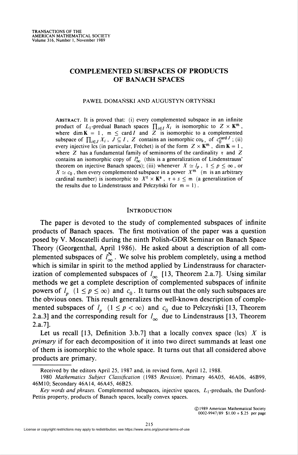 Complemented Subspaces of Products of Banach Spaces