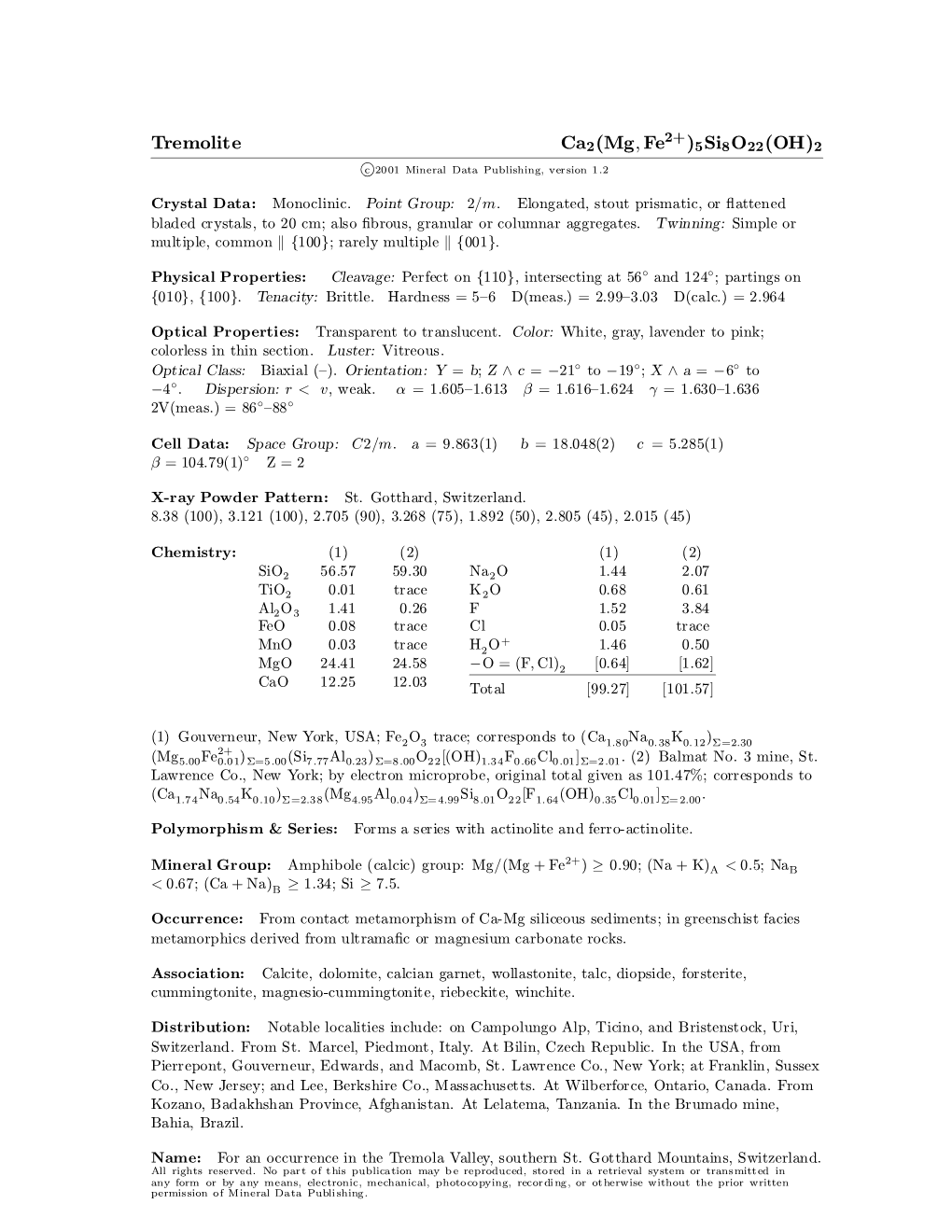 Tremolite Ca2(Mg; Fe )5Si8o22(OH)2 C 2001 Mineral Data Publishing, Version 1.2 ° Crystal Data: Monoclinic