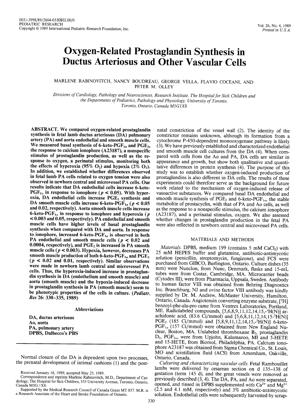Oxygen-Related Prostaglandin Synthesis in Ductus Arteriosus and Other Vascular Cells