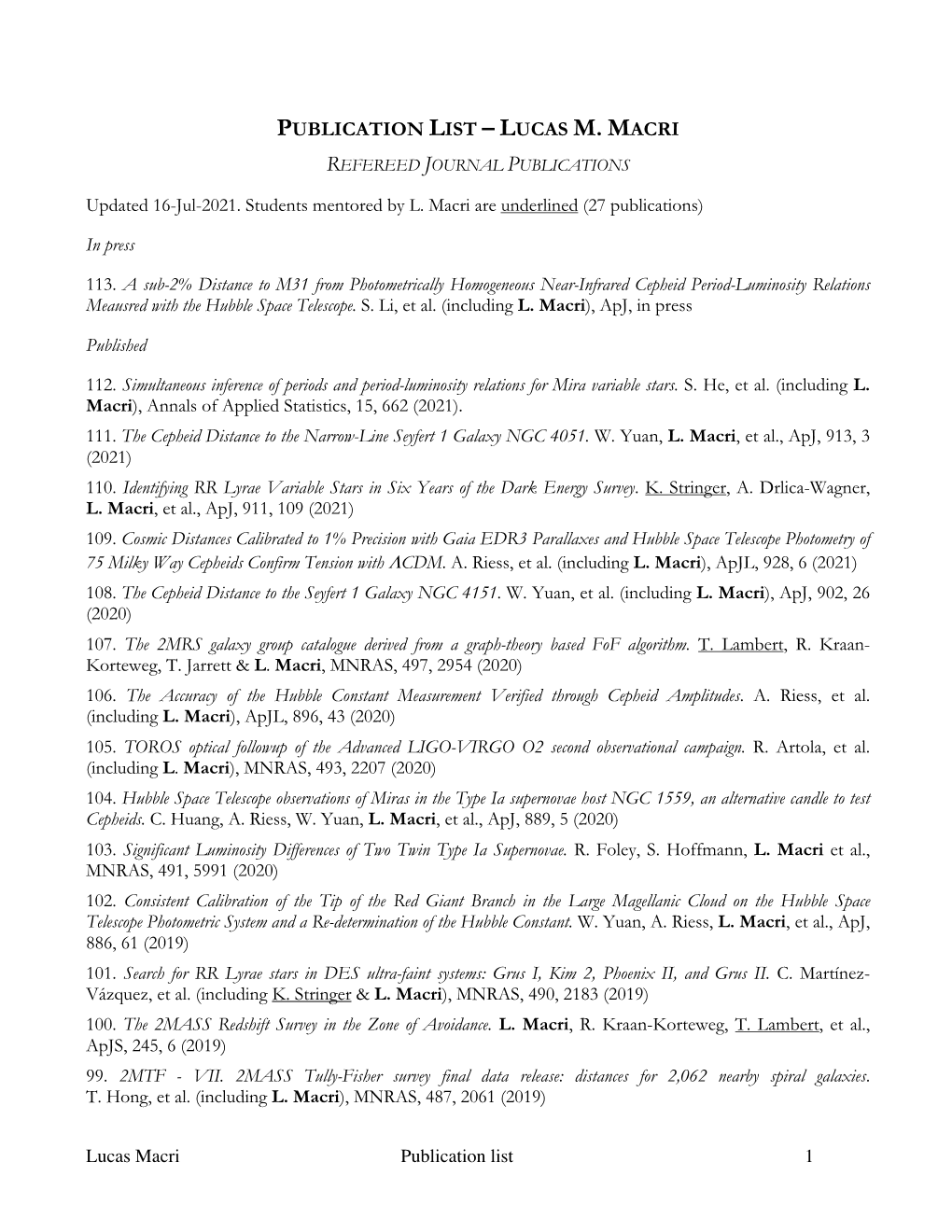 Publication List of Lucas Macri