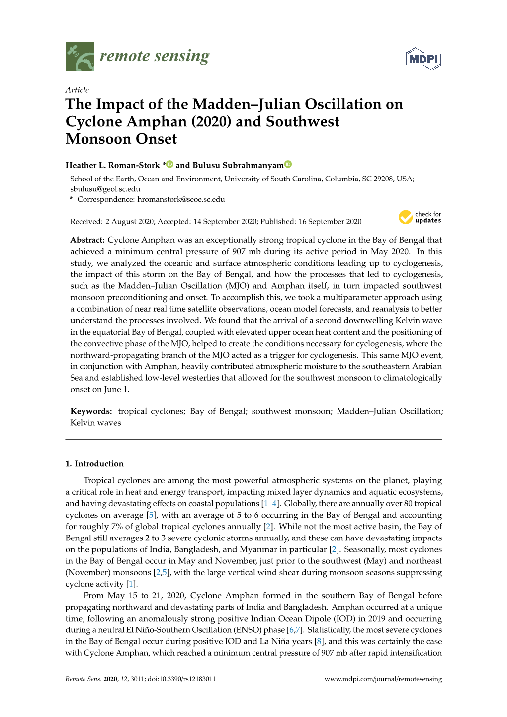 The Impact of the Madden–Julian Oscillation on Cyclone Amphan (2020) and Southwest Monsoon Onset