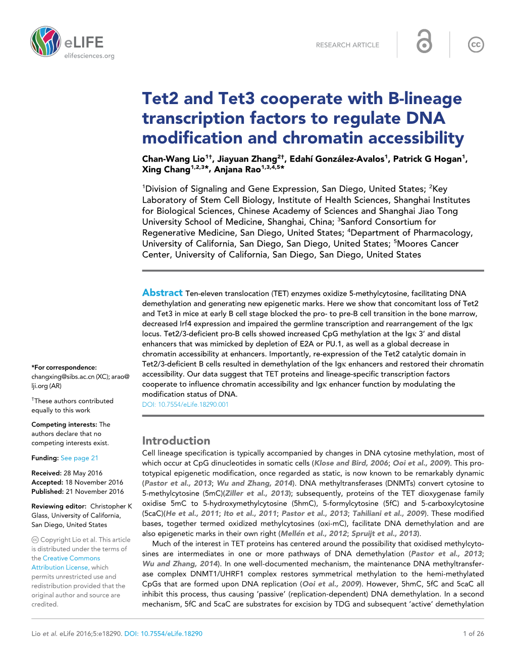 Tet2 and Tet3 Cooperate with B-Lineage Transcription Factors To