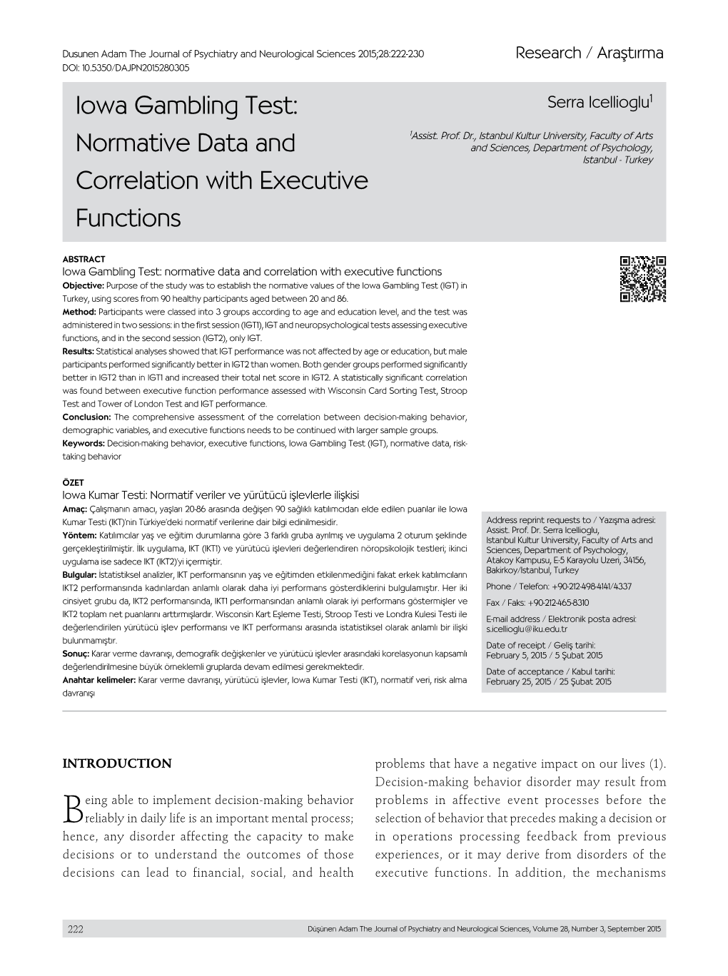 Iowa Gambling Test: Normative Data and Correlation with Executive