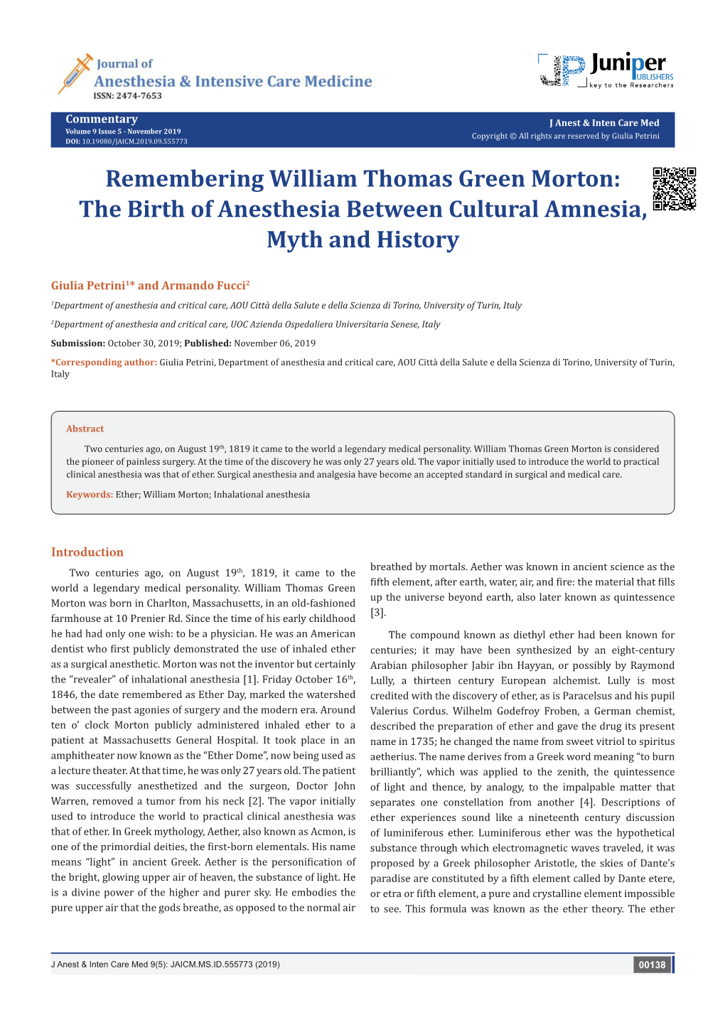 Remembering William Thomas Green Morton: the Birth of Anesthesia Between Cultural Amnesia, Myth and History