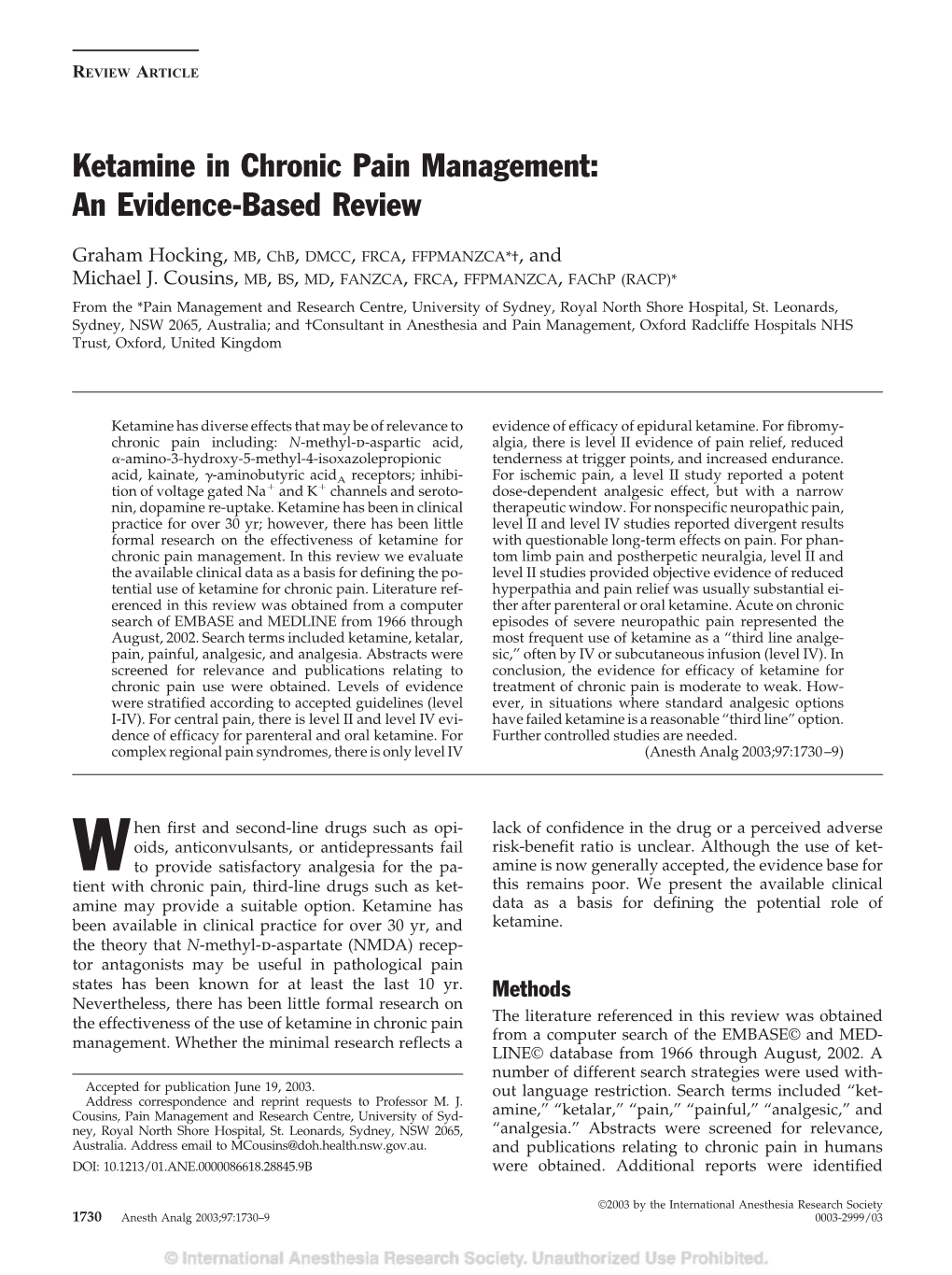 Ketamine in Chronic Pain Management: an Evidence-Based Review