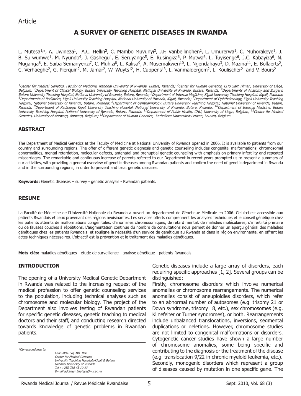 A SURVEY of GENETIC DISEASES in RWANDA Article