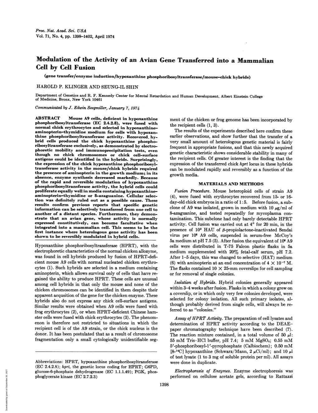 Cell by Cell Fusion (Gene Transfer/Enzyme Induction/Hypoxanthine Phosphoribosyltransferase/Mouse-Chick Hybrids) HAROLD P