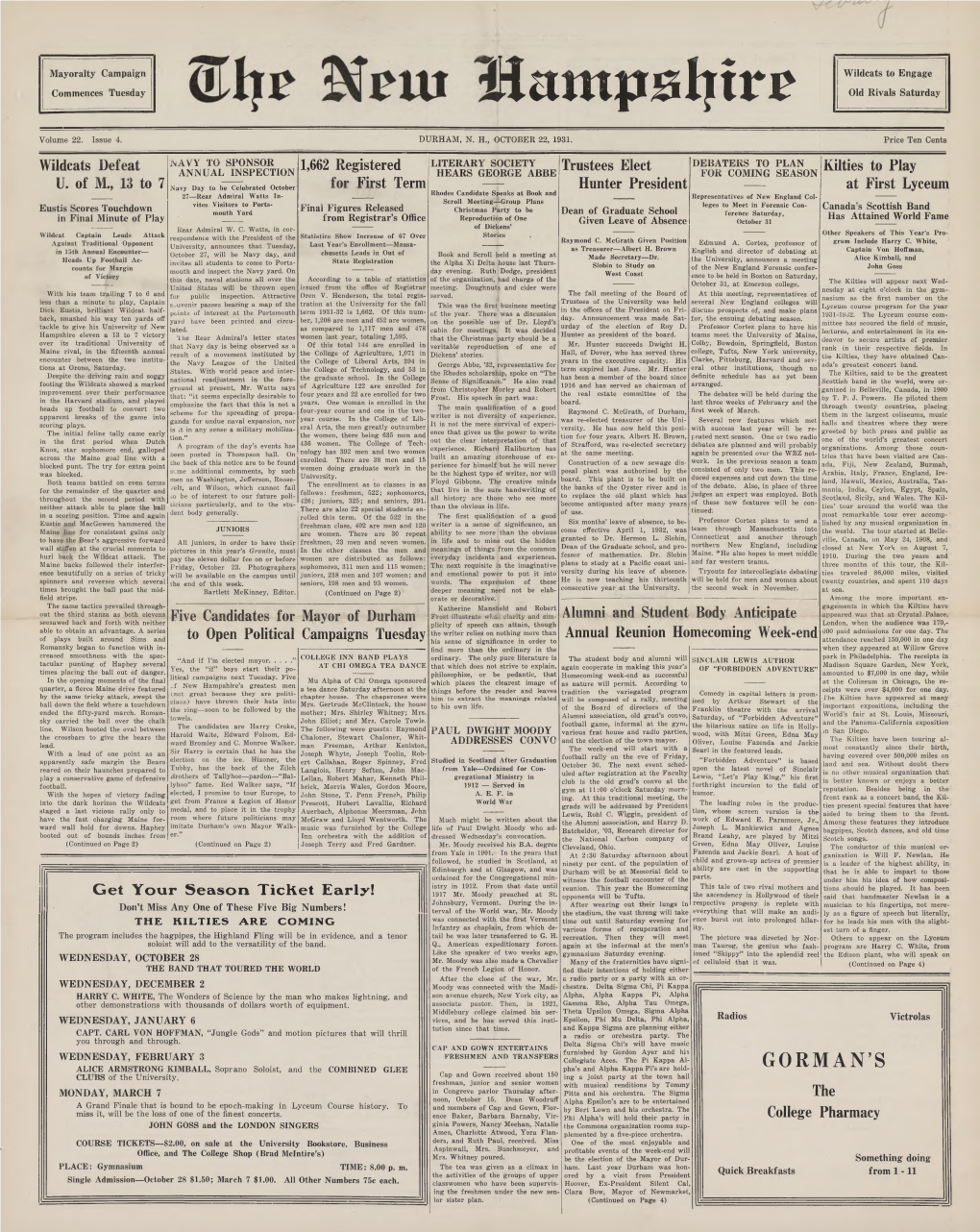 The New Hampshire, Vol. 22, No. 4 (Oct 22, 1931)