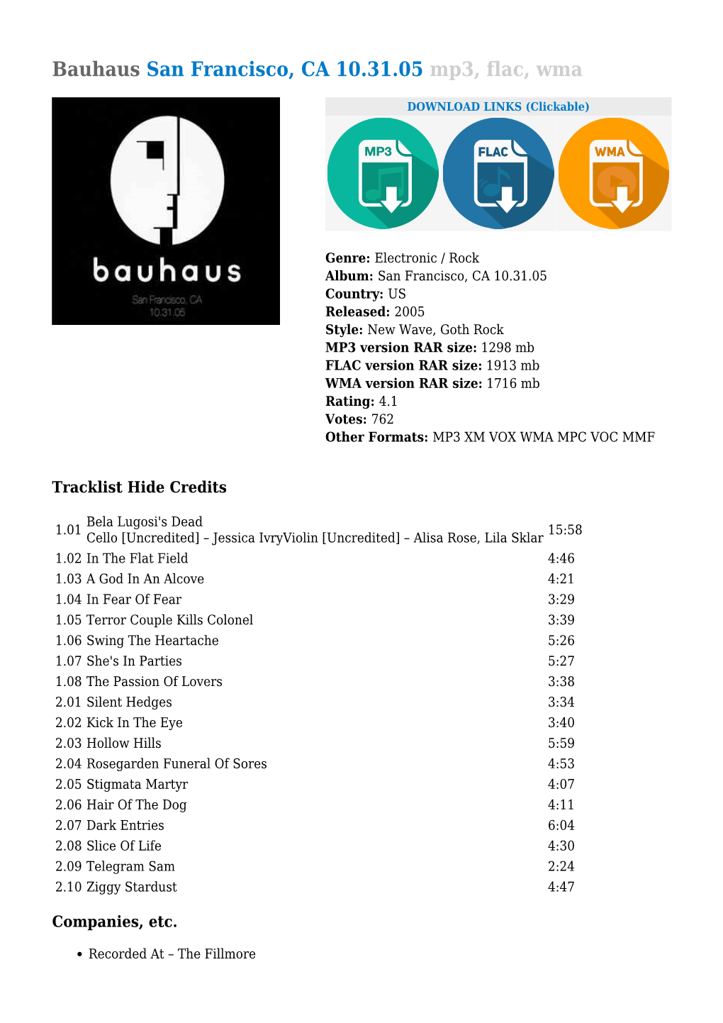 Bauhaus San Francisco, CA 10.31.05 Mp3, Flac, Wma