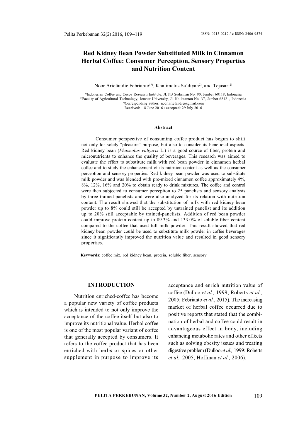 Red Kidney Bean Powder Substituted Milk in Cinnamon Herbal Coffee: Consumer Perception, Sensory Properties and Nutrition Content