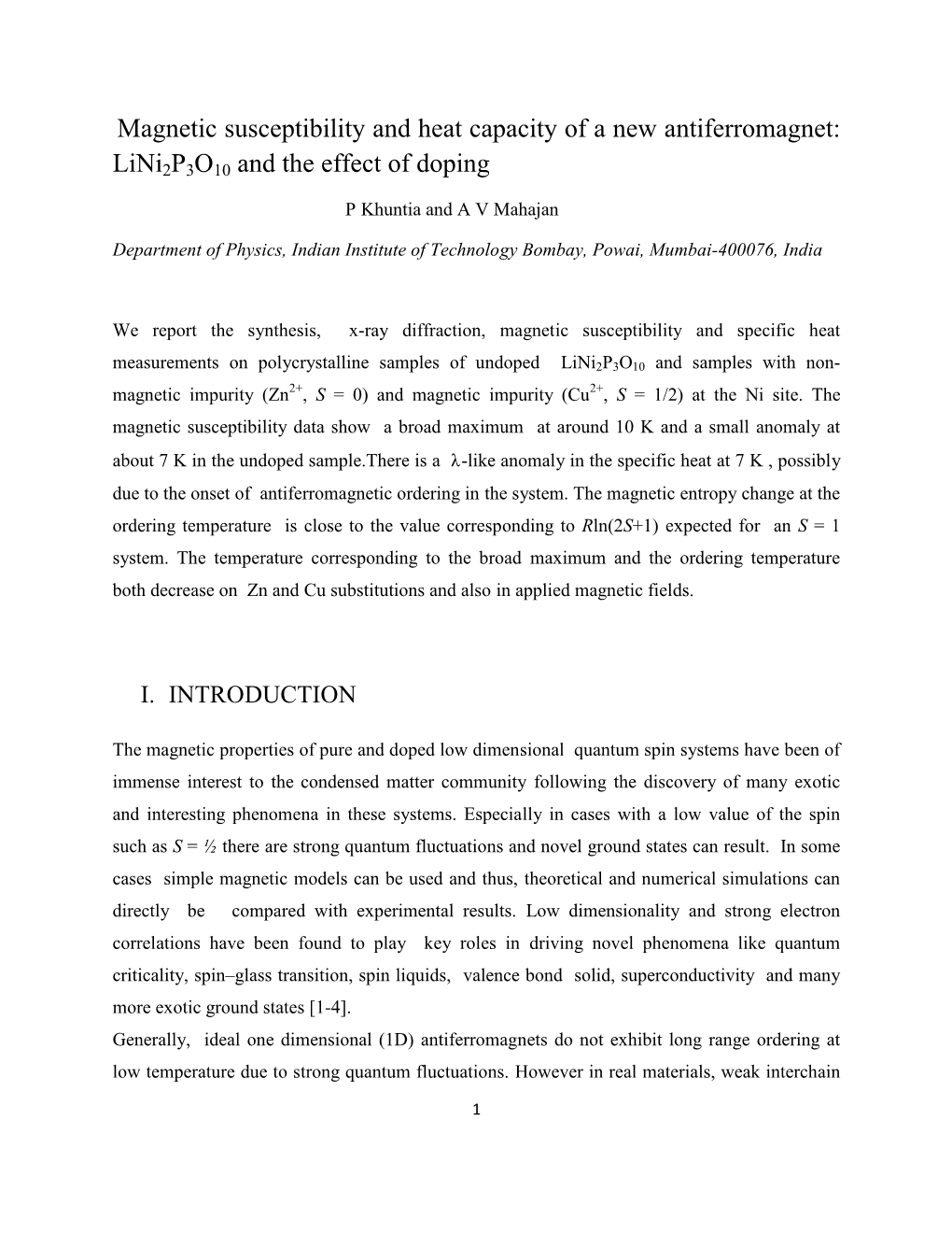 Magnetic Susceptibility and Heat Capacity of a New Antiferromagnet