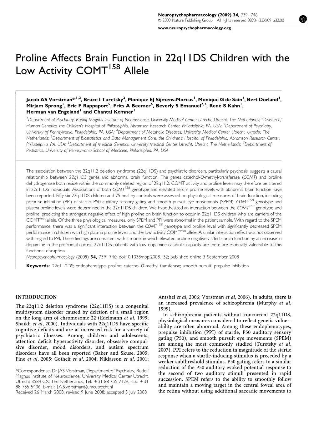 Proline Affects Brain Function in 22Q11ds Children with the Low Activity COMT158 Allele