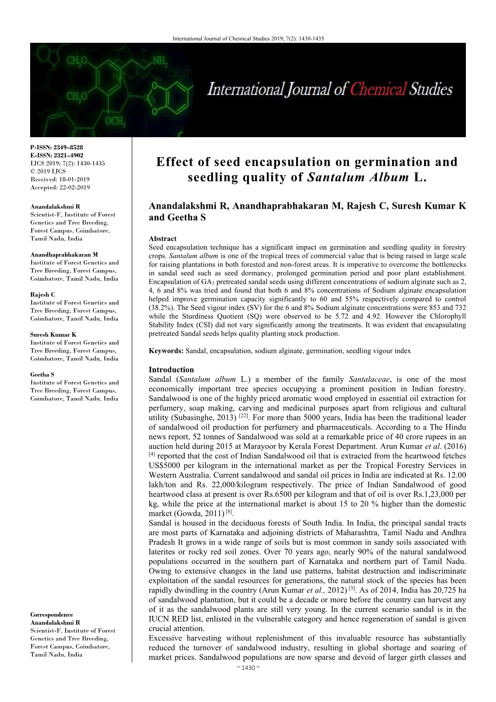 Effect of Seed Encapsulation on Germination and Seedling Quality of Santalum Album L