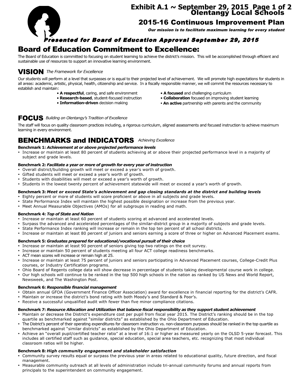 Board of Education Commitment to Excellence: the Board of Education Is Committed to Focusing on Student Learning to Achieve the District’S Mission