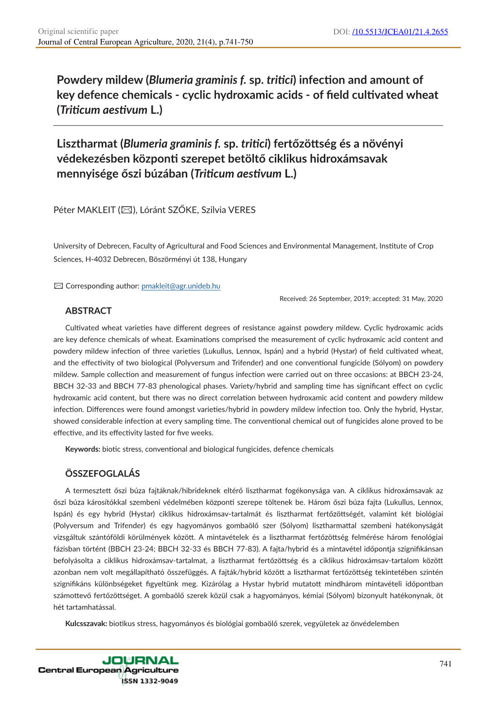 Powdery Mildew (Blumeria Graminis F. Sp. Tritici) Infection and Amount of Key Defence Chemicals