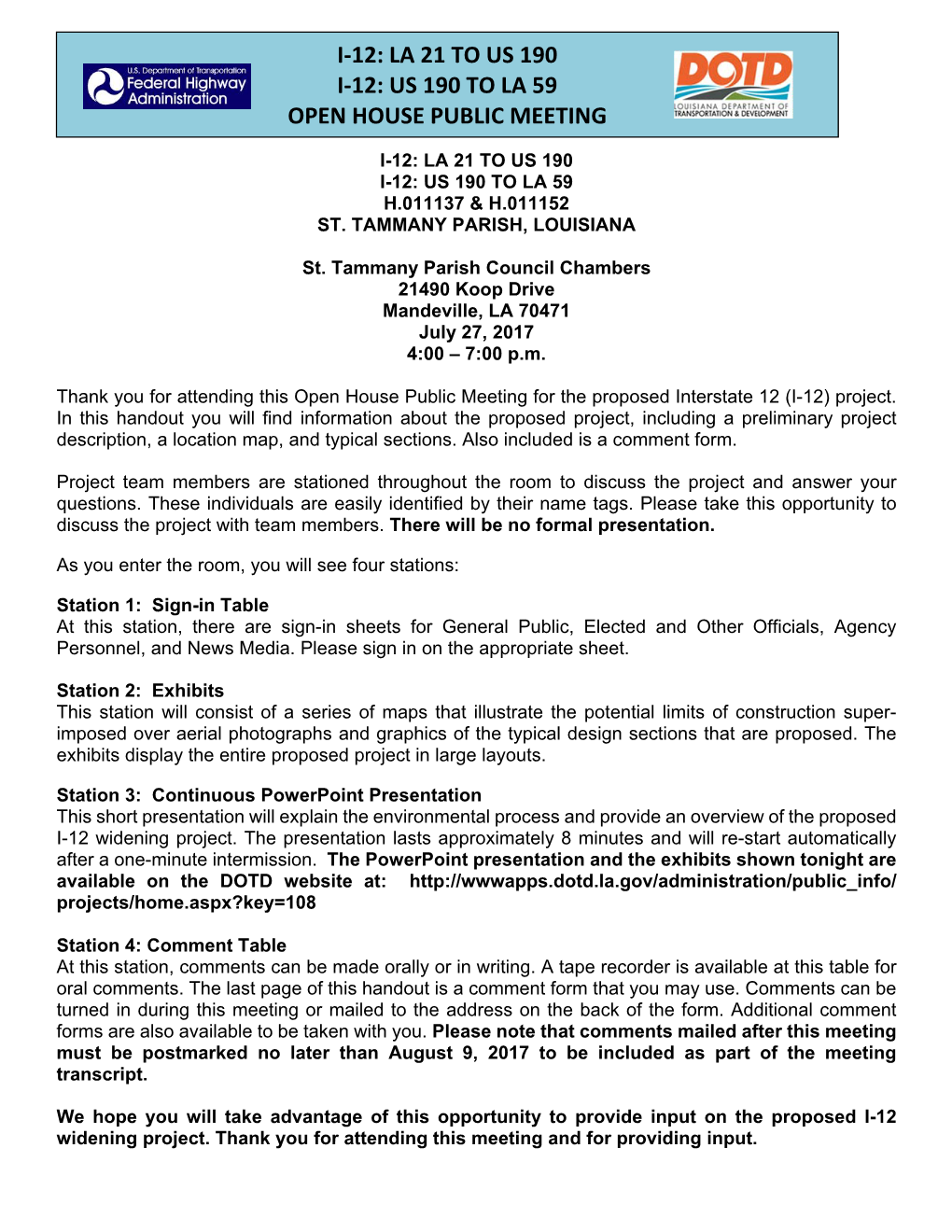 I-12: La 21 to Us 190 I-12: Us 190 to La 59 Open House Public Meeting