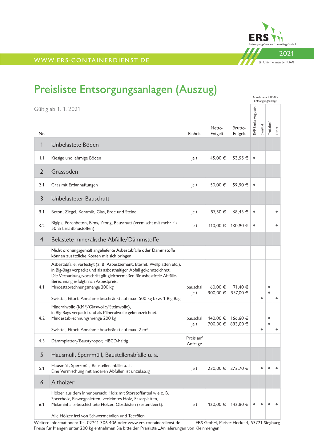 Preisliste Entsorgungsanlagen (Auszug) Annahme Auf RSAG- Entsorgungsanlage Gültig Ab 1