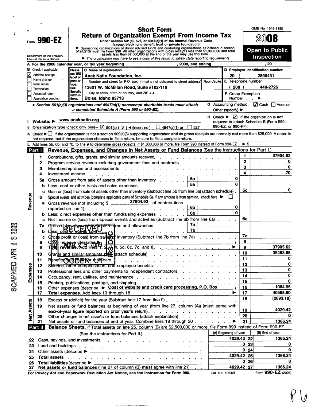 Short Form Return of Organization Exempt from Income Tax