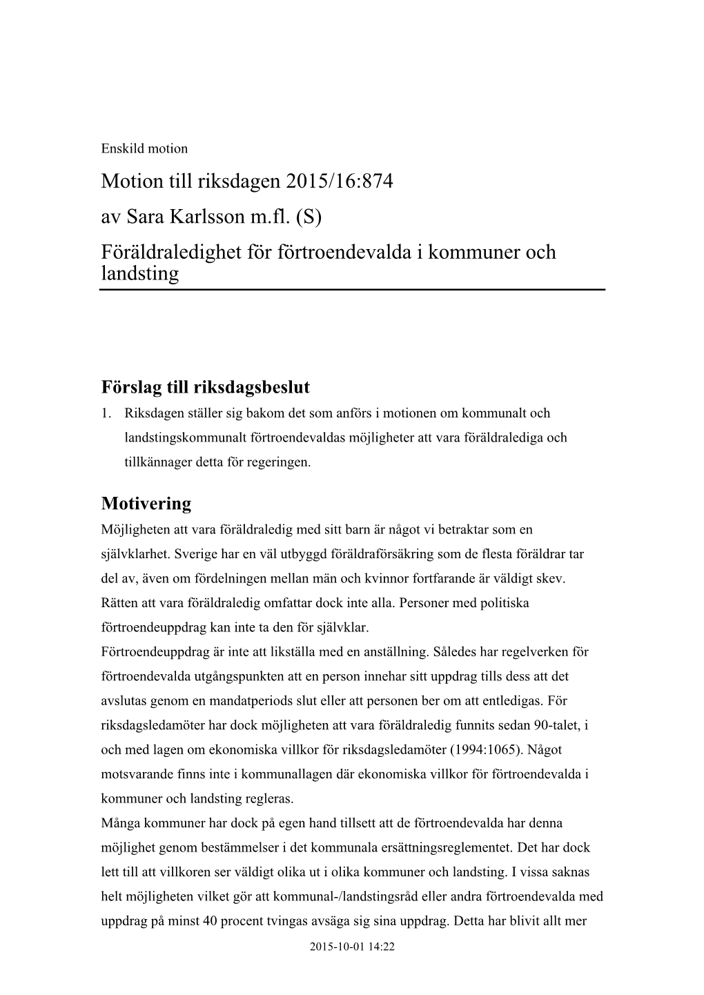 201516S6029 Föräldraledighet För Förtroendevalda I Kommuner Och