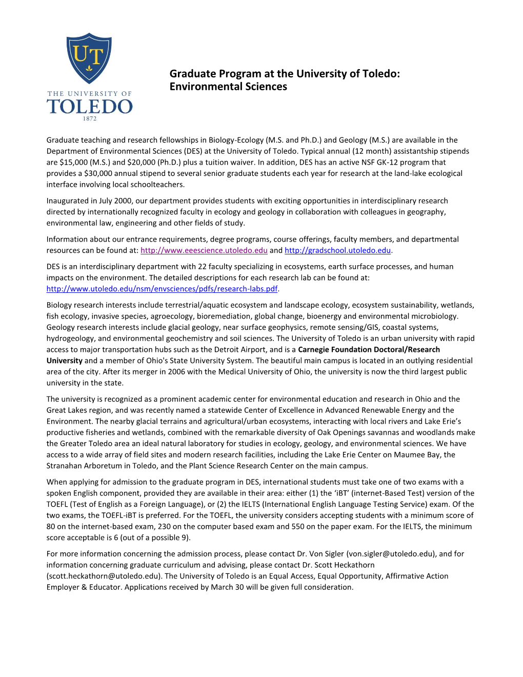 Graduate Program at the University of Toledo: Environmental Sciences