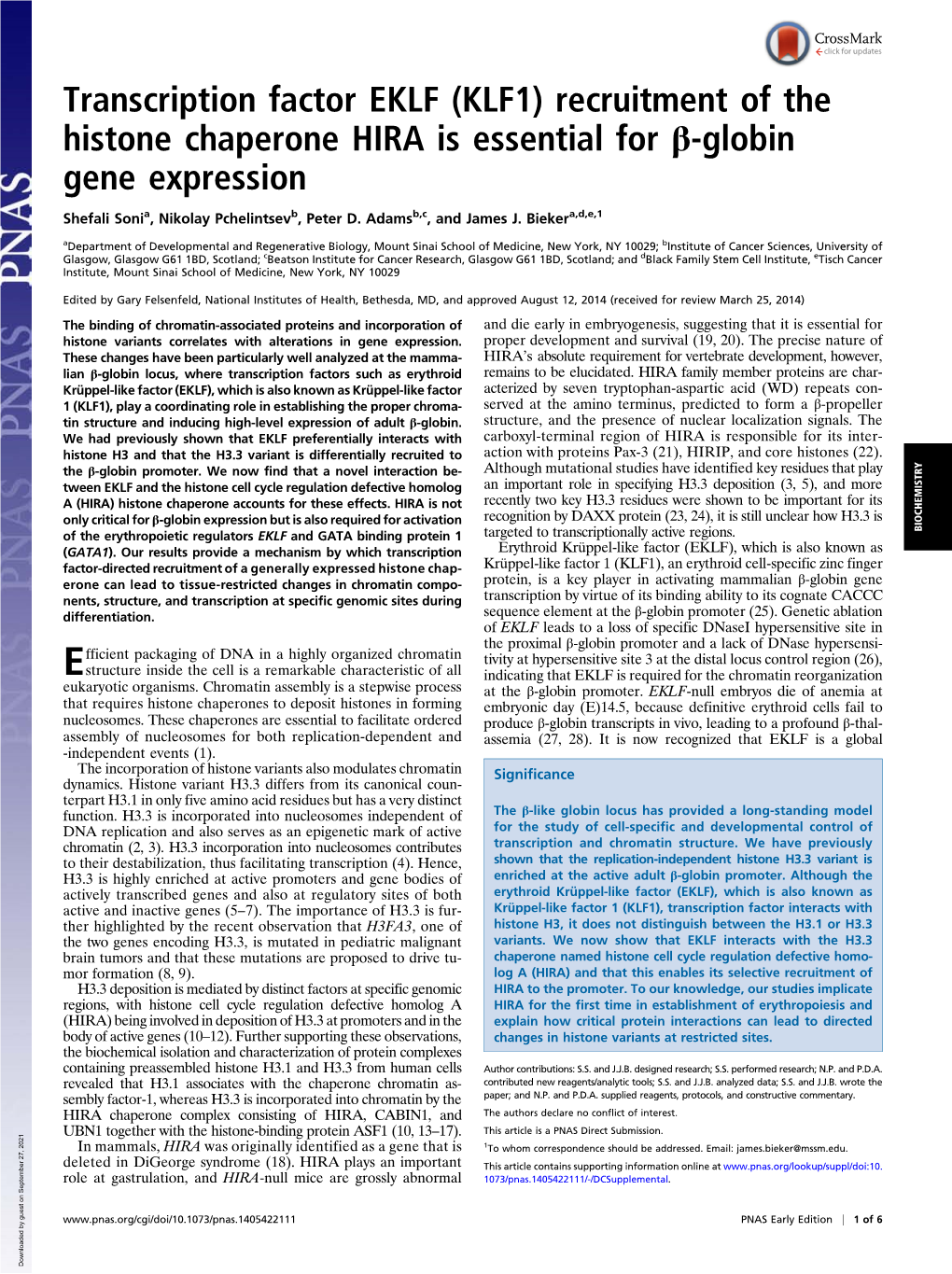 Recruitment of the Histone Chaperone HIRA Is Essential for Β-Globin Gene Expression