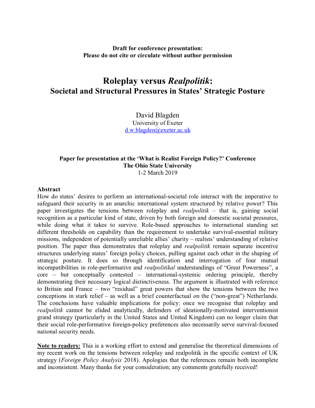 Roleplay Versus Realpolitik: Societal and Structural Pressures in States’ Strategic Posture