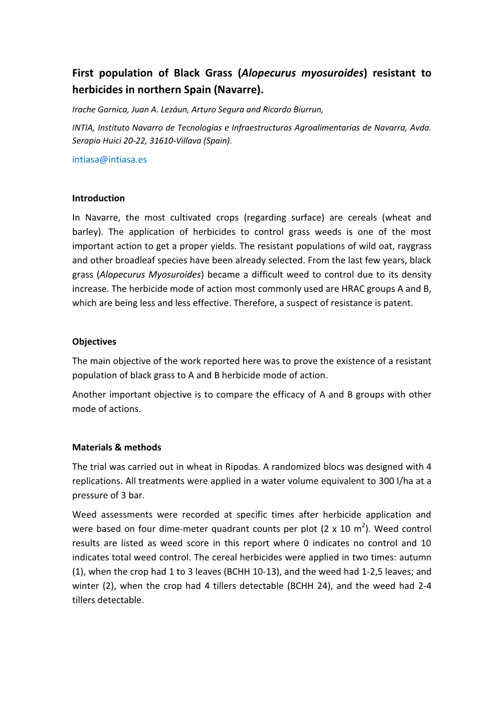 First Population of Black Grass (Alopecurus Myosuroides) Resistant to Herbicides in Northern Spain (Navarre)