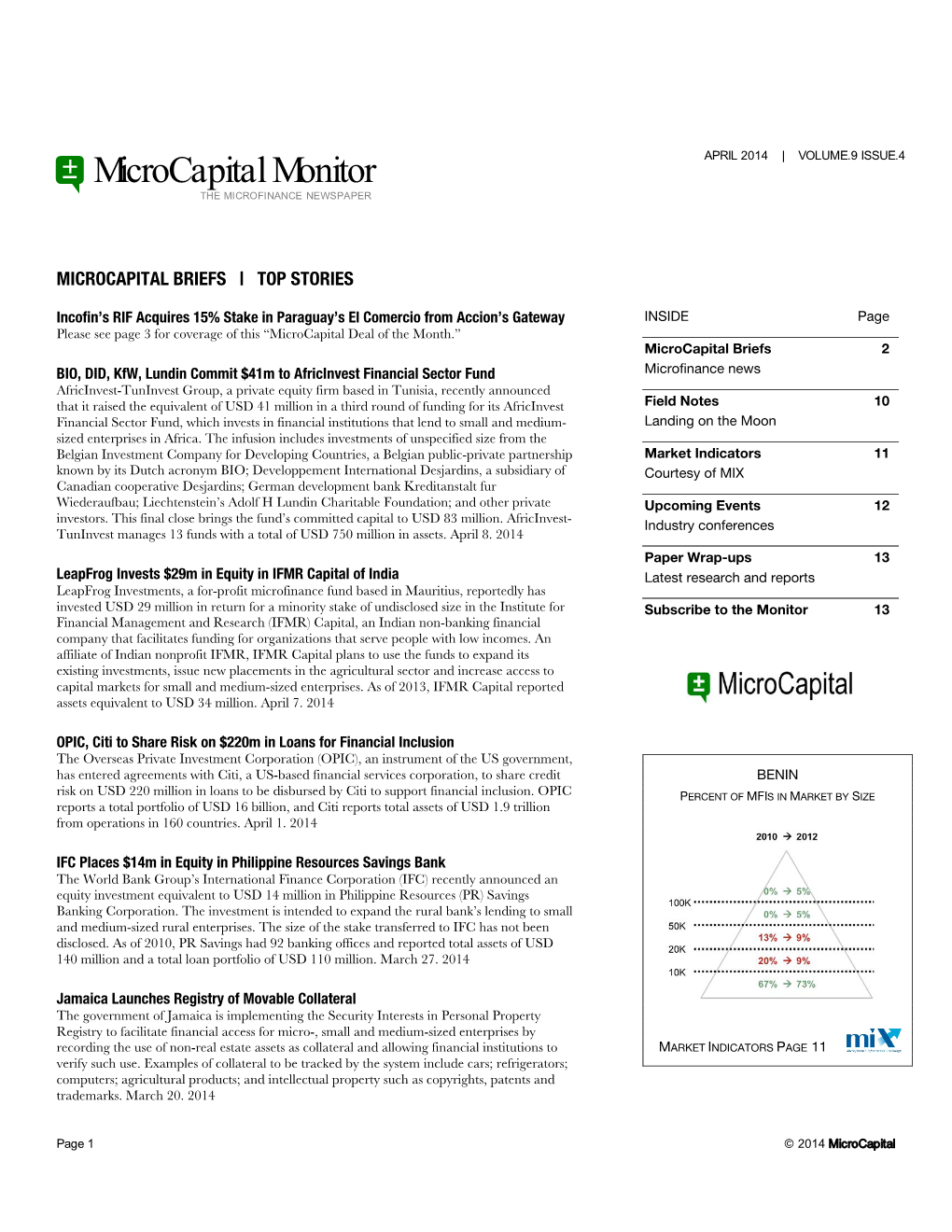 Microcapital Monitor APRIL 2014 | VOLUME.9 ISSUE.4 the MICROFINANCE NEWSPAPER