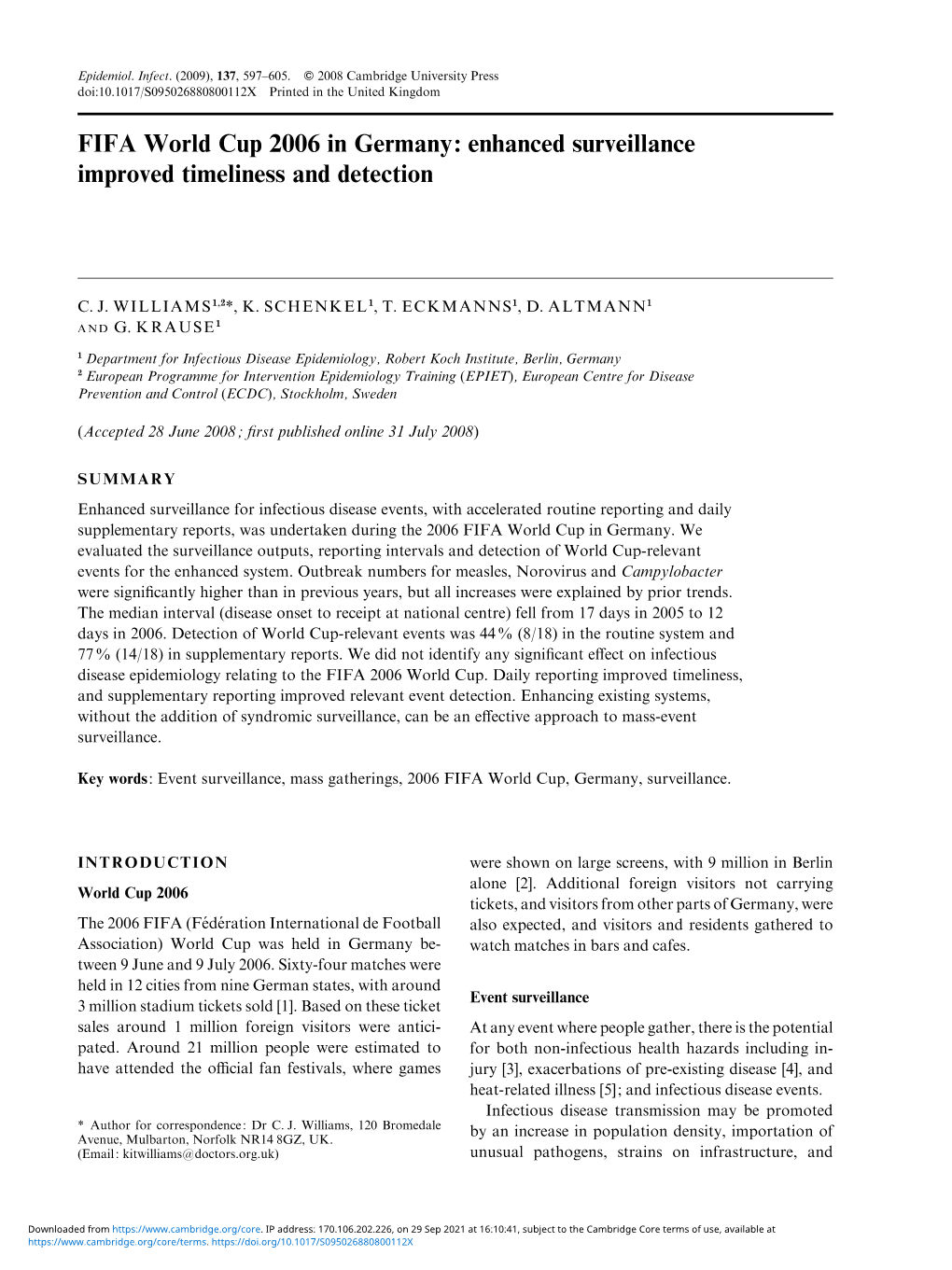 FIFA World Cup 2006 in Germany: Enhanced Surveillance Improved Timeliness and Detection