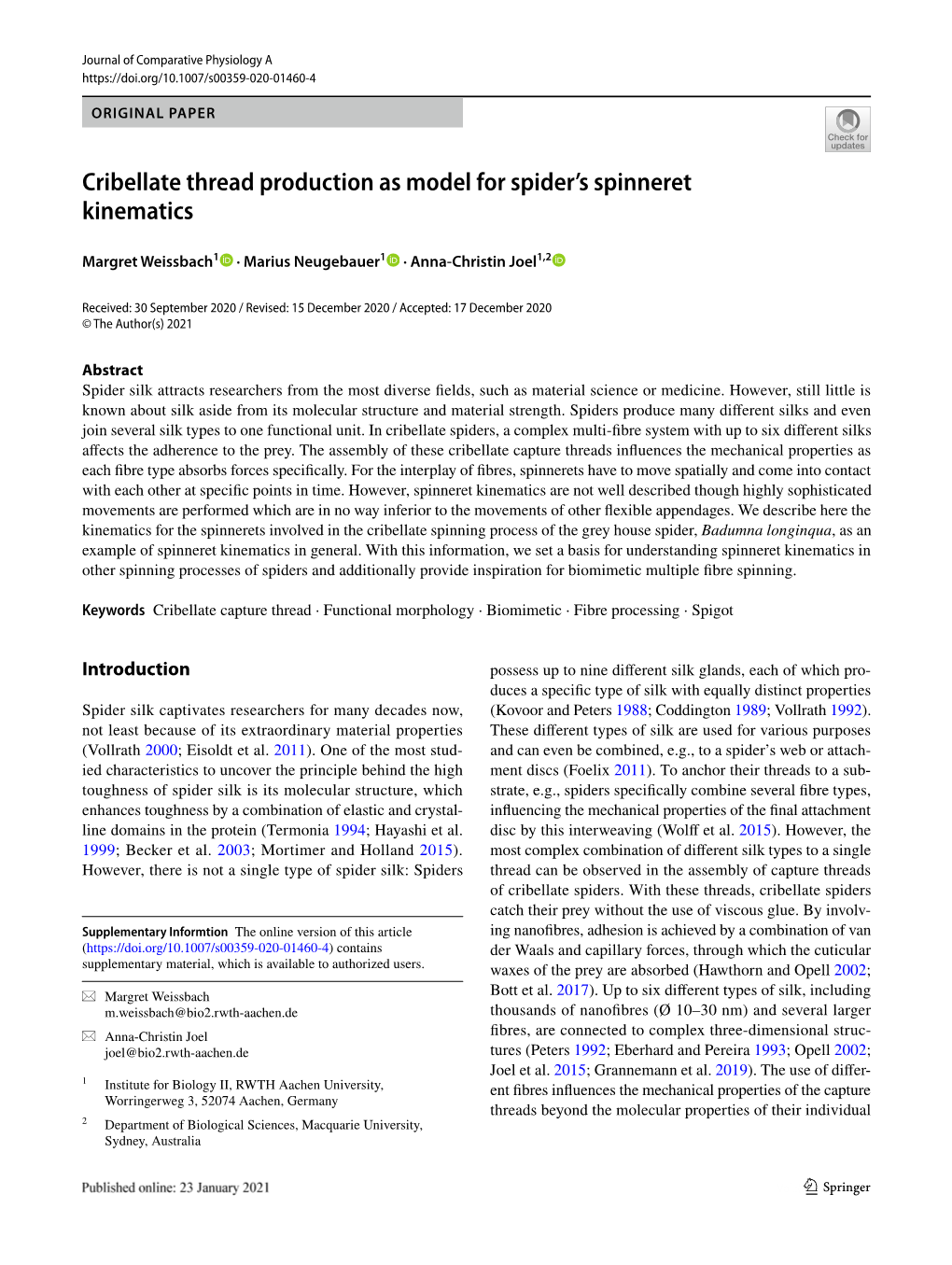 Cribellate Thread Production As Model for Spider's Spinneret Kinematics