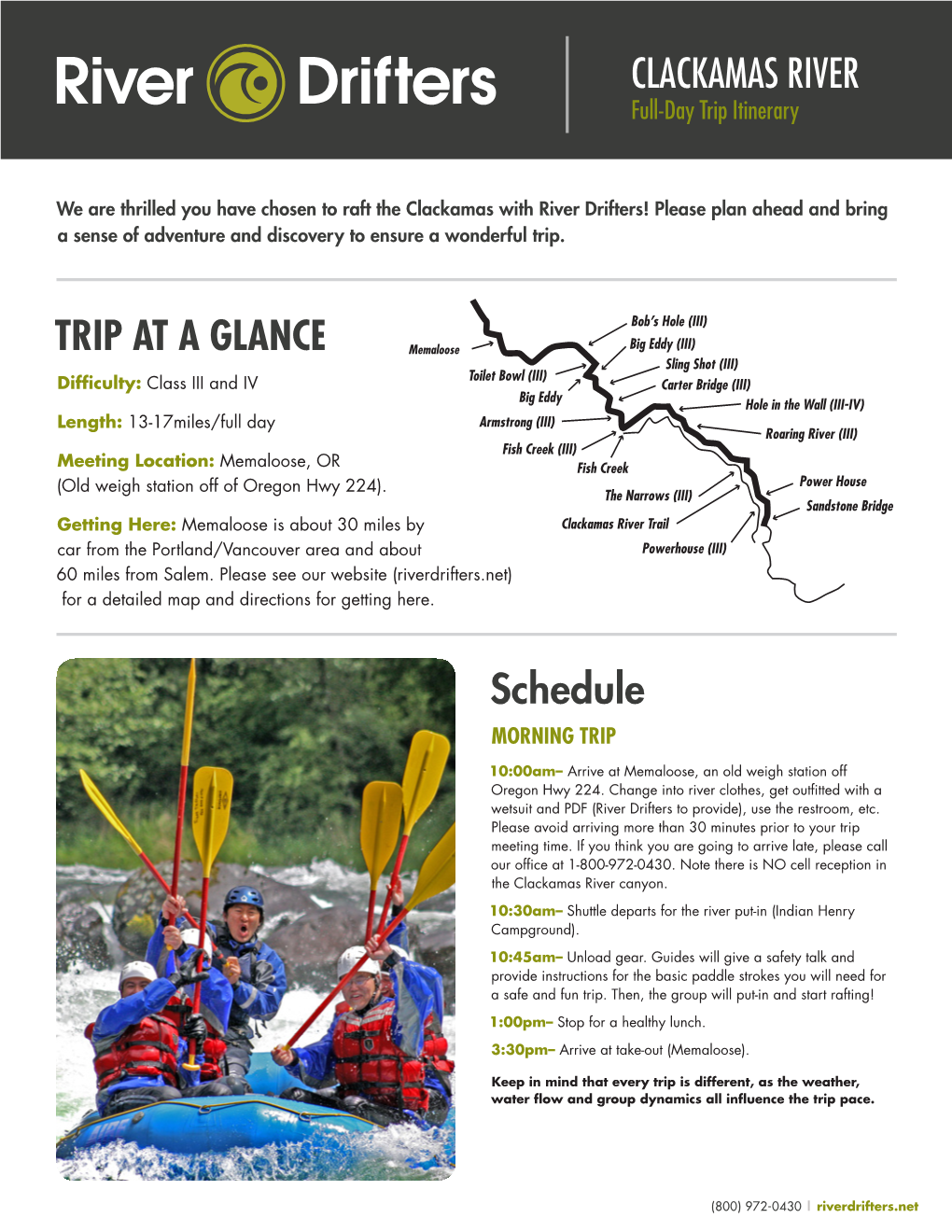 Schedule TRIP at a GLANCE CLACKAMAS RIVER