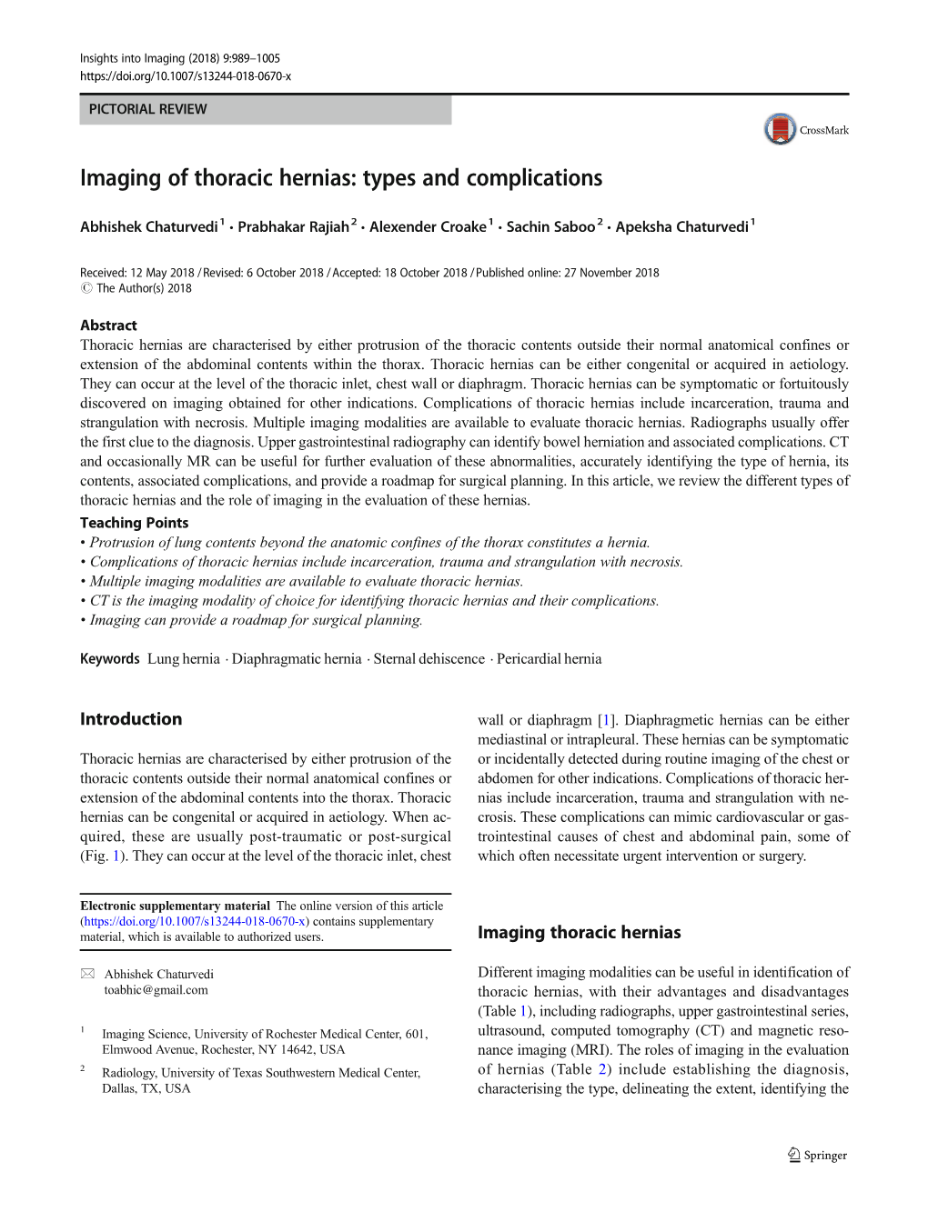 Imaging of Thoracic Hernias: Types and Complications