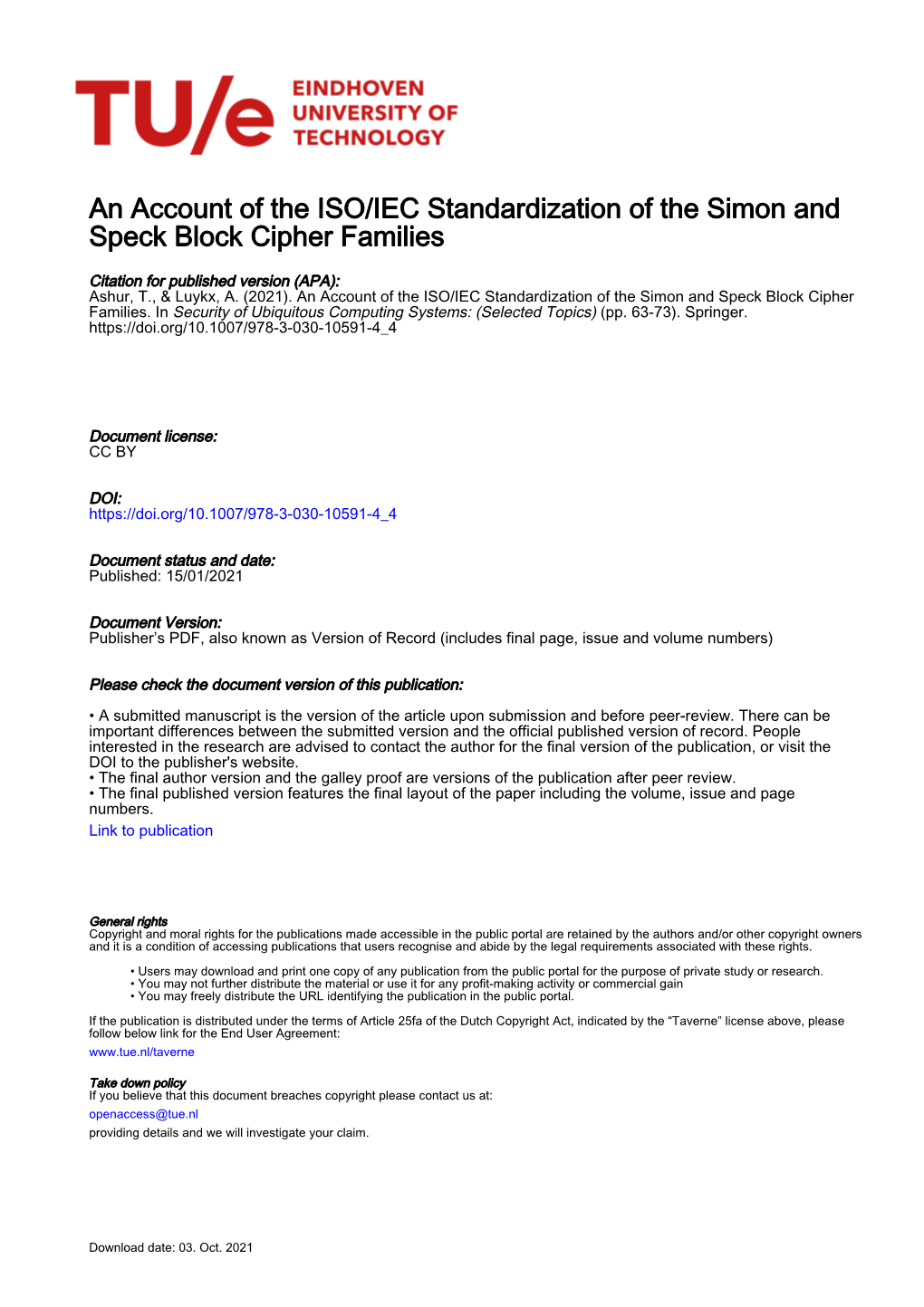 An Account of the ISO/IEC Standardization of the Simon and Speck Block Cipher Families