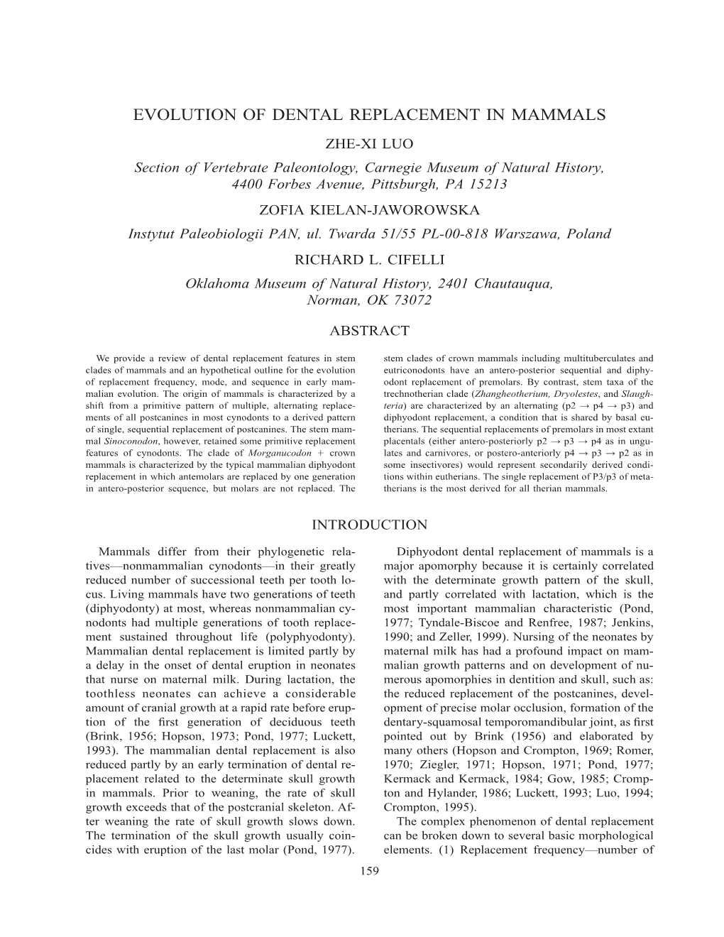 Evolution of Dental Replacement in Mammals