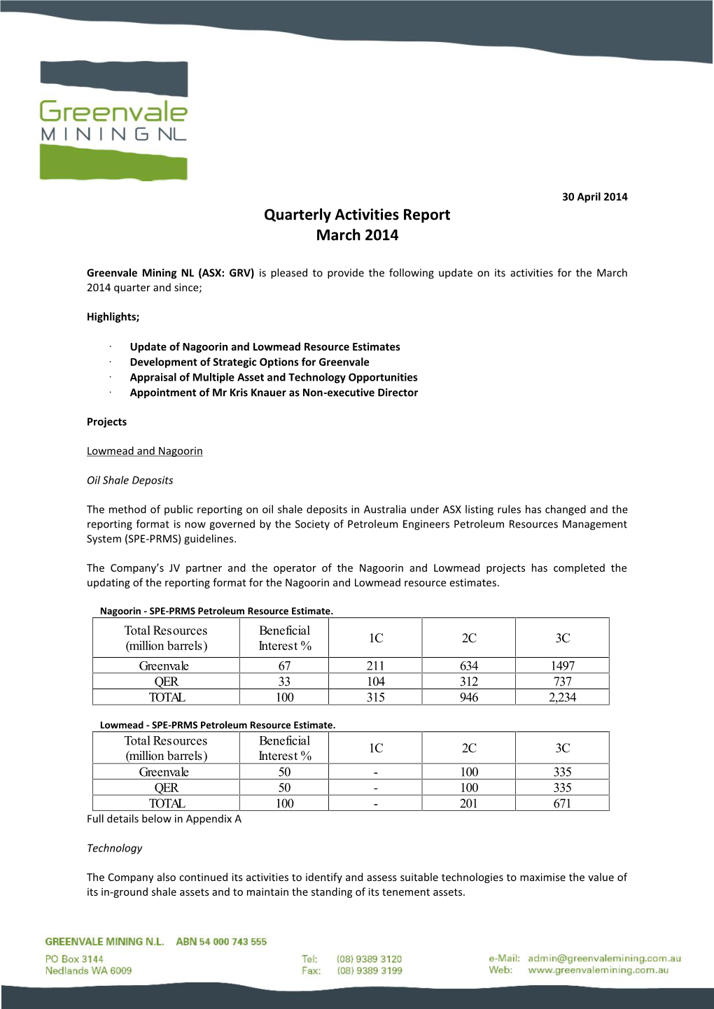 Quarterly Activities Report March 2014
